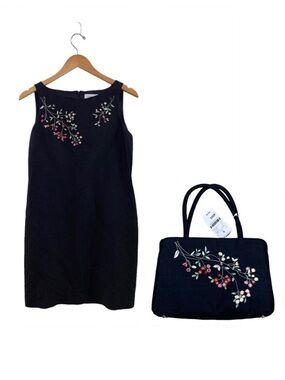 Casual Corner Sheath Dress and Small Purse Floral Embroidery Black Size 6
